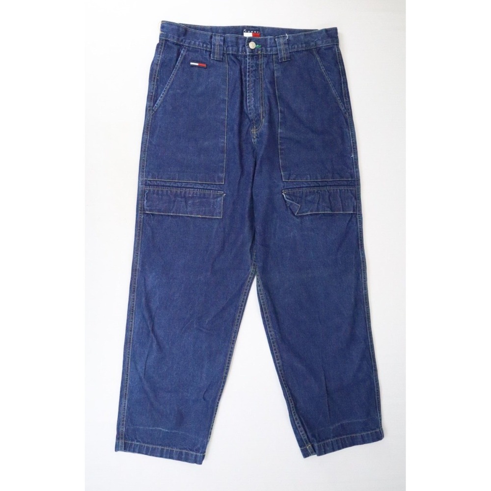 Tommy Jeans Hilfiger Baggy Cargo Jeans 34x30 Indigo Blue Skater Carpenter Y2K